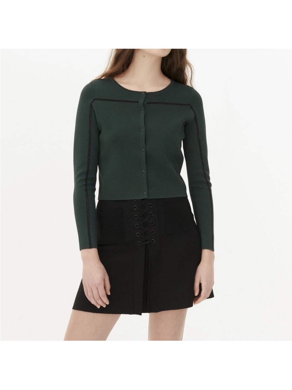 Sandro Paris Gayle Forest Green Cropped Cardigan Black Crochet Lace Trim Size 2